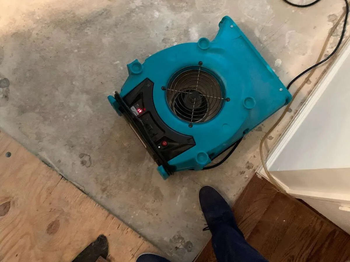 Air mover drying subfloor during Leak Detection & Repair in Coeur d'Alene